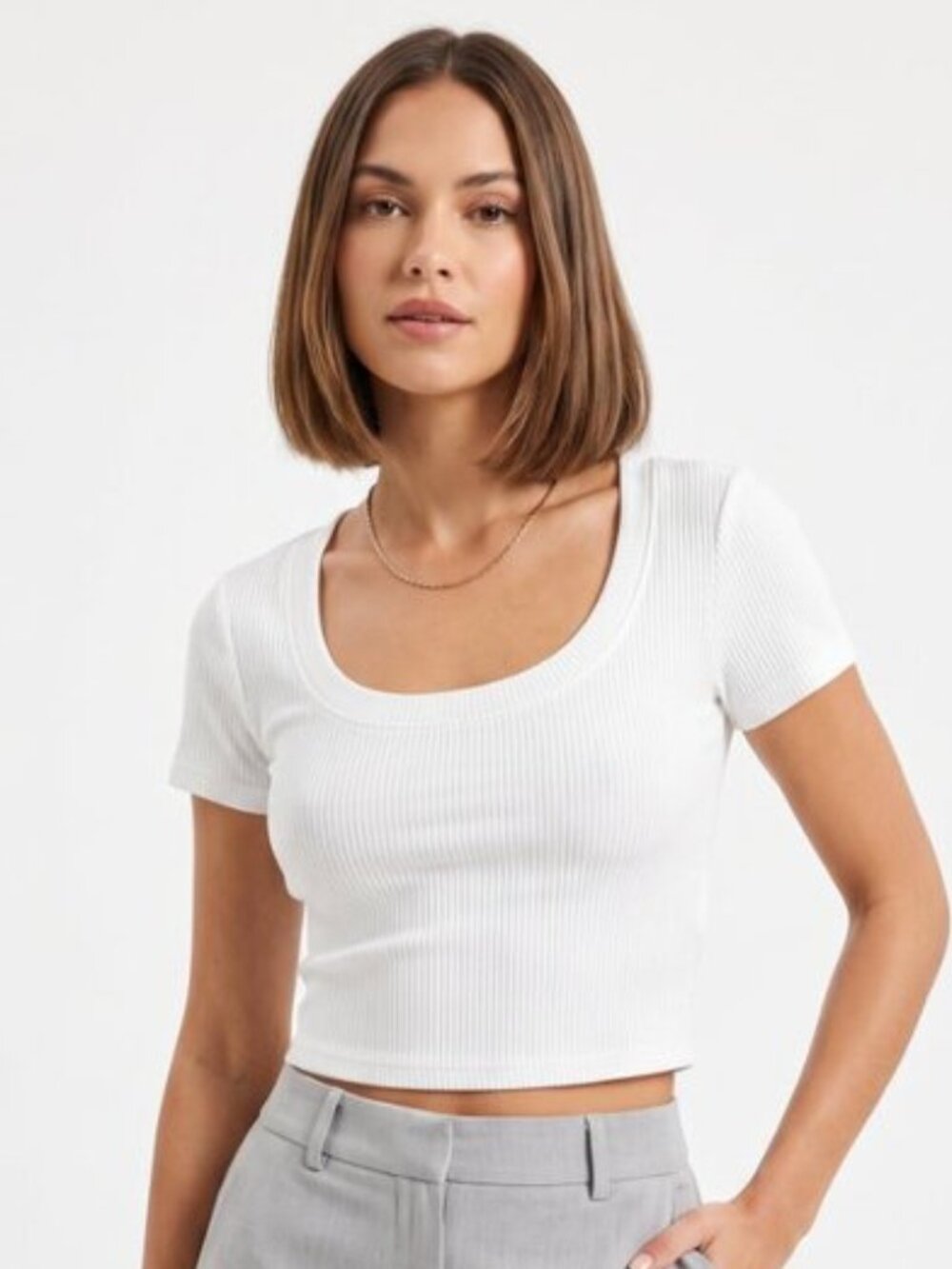 Heart & Hips Women's White Ribbed Scoop-Neck Crop Short SleeveTee Size Small